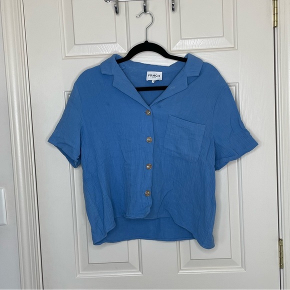 FRNCH PARIS blue crinkle textured button up collard crop top | M - Picture 1 of 11